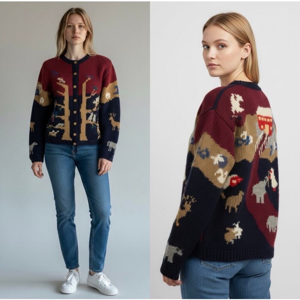 Vintage 80s Cardigan Sweater 100% Shetland Wool Animal Motif Women's Small - Picture 9 of 9